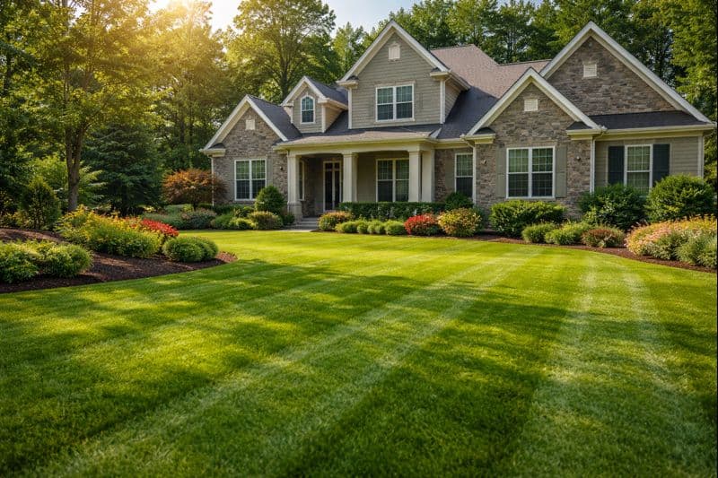 Beautiful well-maintained suburban lawn and landscaping in Georgia
