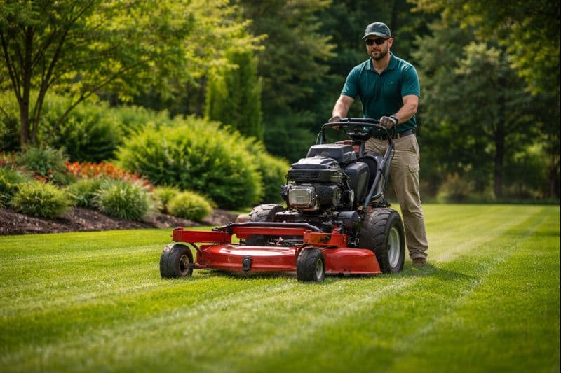 Advent Lawn Care Services technician mowing with professional equipment